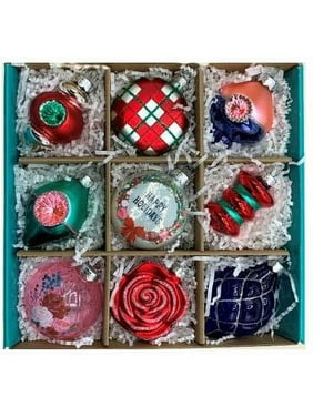 9 Pieces Glass Ornament. The Pioneer Woman Brand. The Pioneer Woman Floral Theme. Multi Shapes and Colors. Glass Hanging Ornament Style. Gift Box Set.