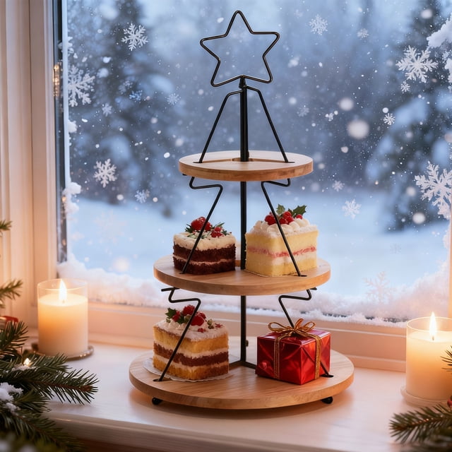 Fwttom Christmas Tree Shaped Decorative Three Tier Cake Stand Christmas Tray