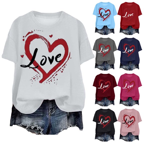 felwors Valentines Shirts for Women: Cute Love Heart Shirt Valentine T Shirt Red Short Sleeve Casual Hearts Tops(Dark Gray, XXXL)