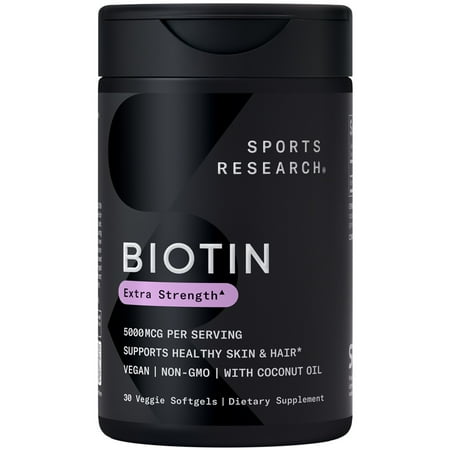 Sports Research® Vegan Biotin 5000mcg+ Coconut Oil Extra Strength Hair Vitamin (30 Veggie Softgels)