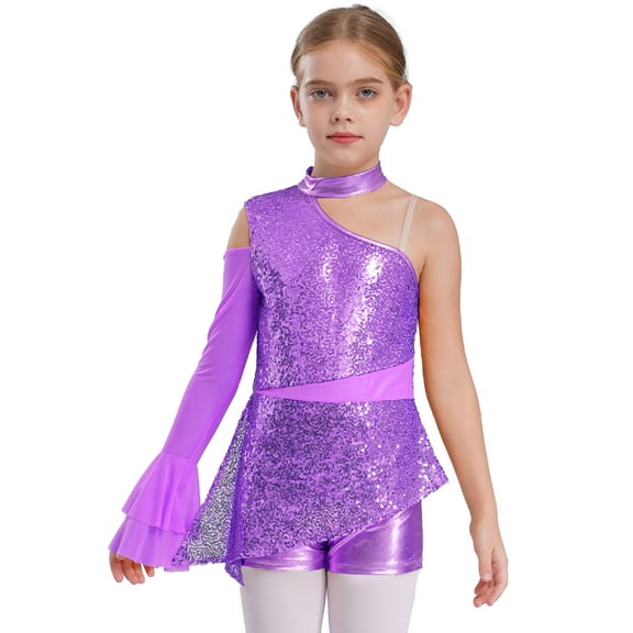 TTAO Kids Girls Metallic Sequin Gymnastics Leotard Cold Shoulder Long Sleeve Ballet Dance Biketard Peplum Bodysuit Light Purple 16
