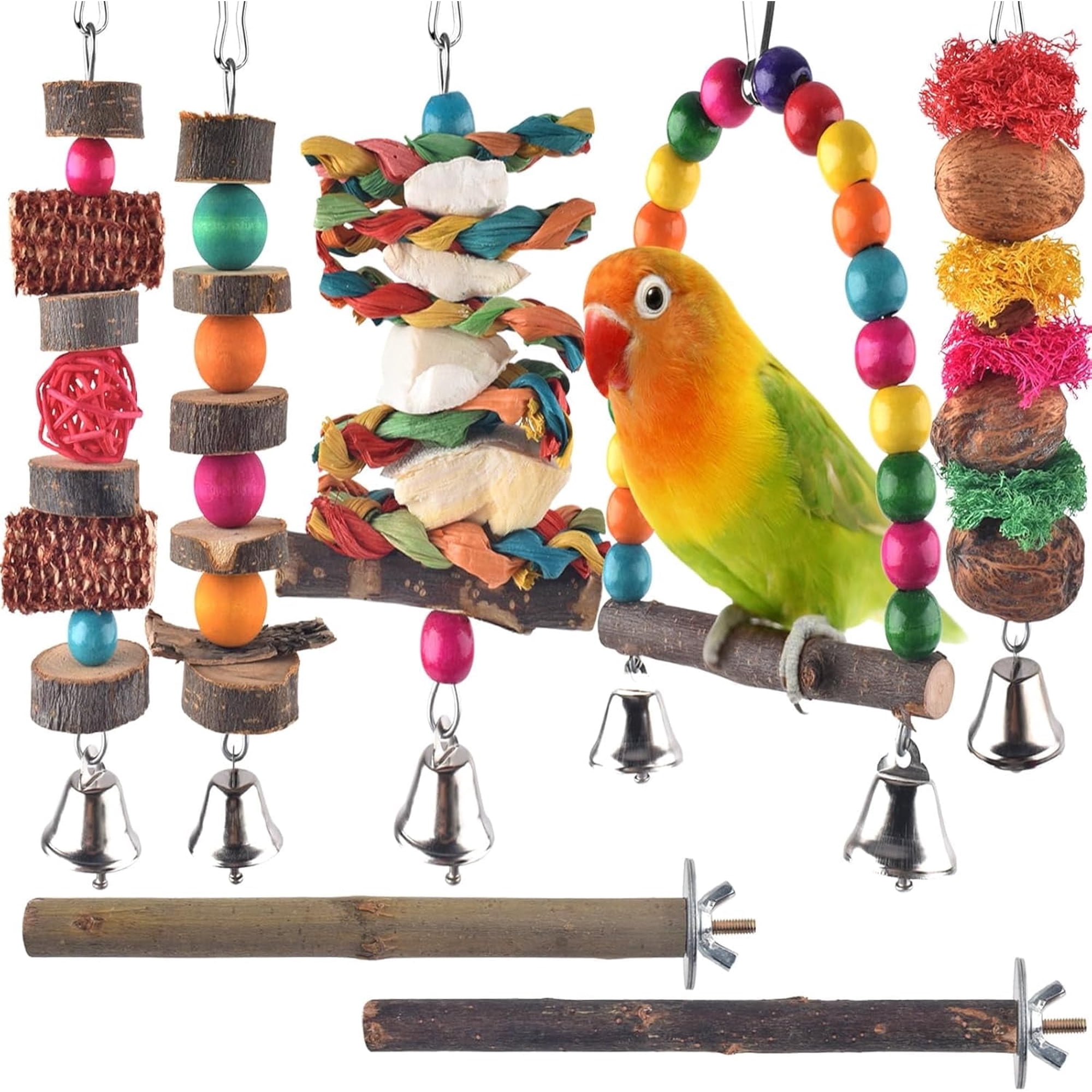 Bird Chew Toys, 7 Packs Natural Wood Parakeet Toys, Bird Perch Stand for Small Bird Conure Cockatiel Parrotlet Lovebird