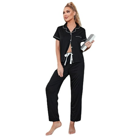 

Womens Silk Satin Pajamas Loungewear Two-piece Sleepwear Button-Down Pj Set