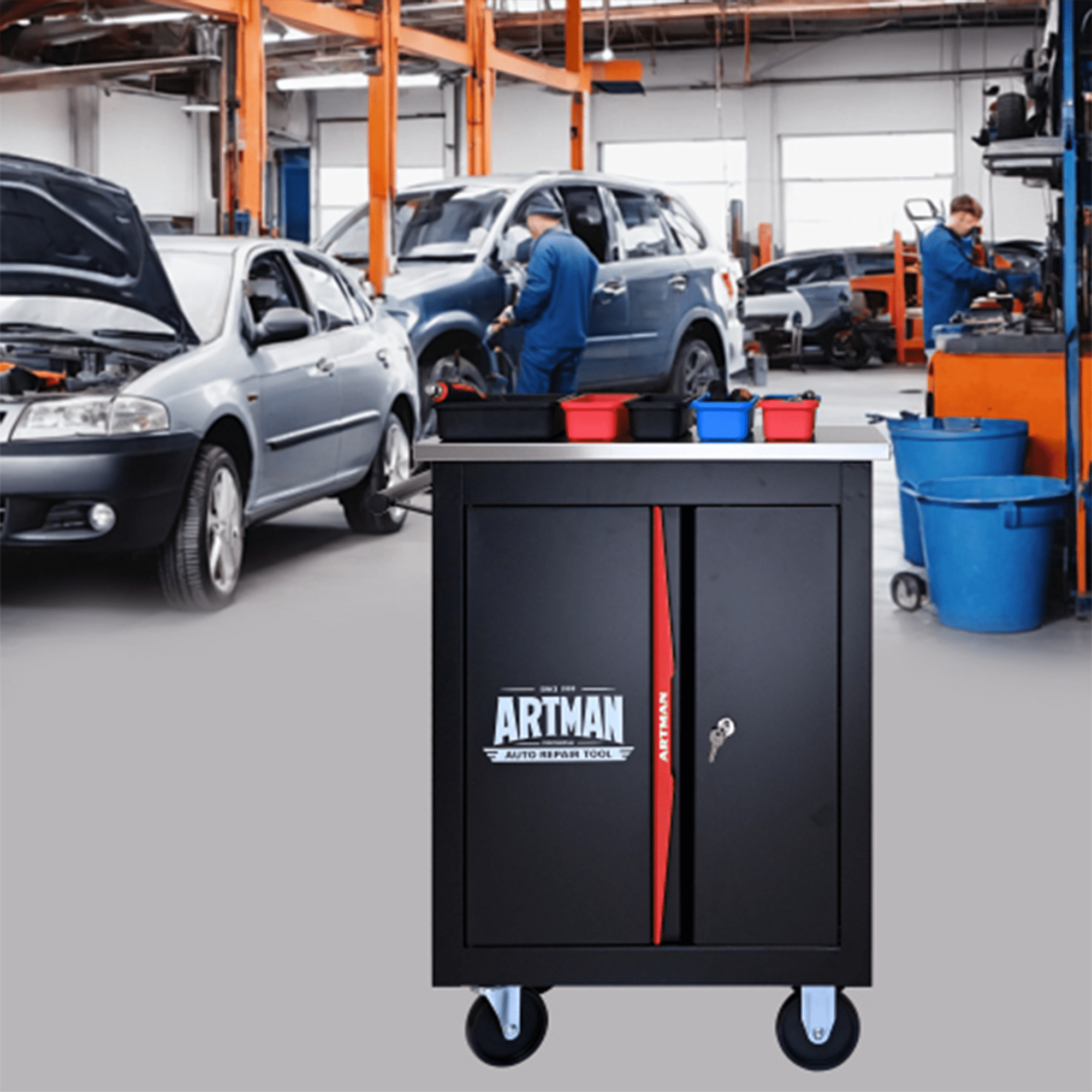 ARTMAN Double-Door Tool Storage Chest, Heavy Duty Tool Cart Cabinets ,Steel Rolling Tool Box for Workshop Garage Repair Shop