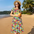 thumbnail image 4 of Balery Colorful Fish 2 Vestidos sueltos de manga corta para mujer, vestidos de verano 2025, vestidos casuales de corte A con vuelo., 4 of 6