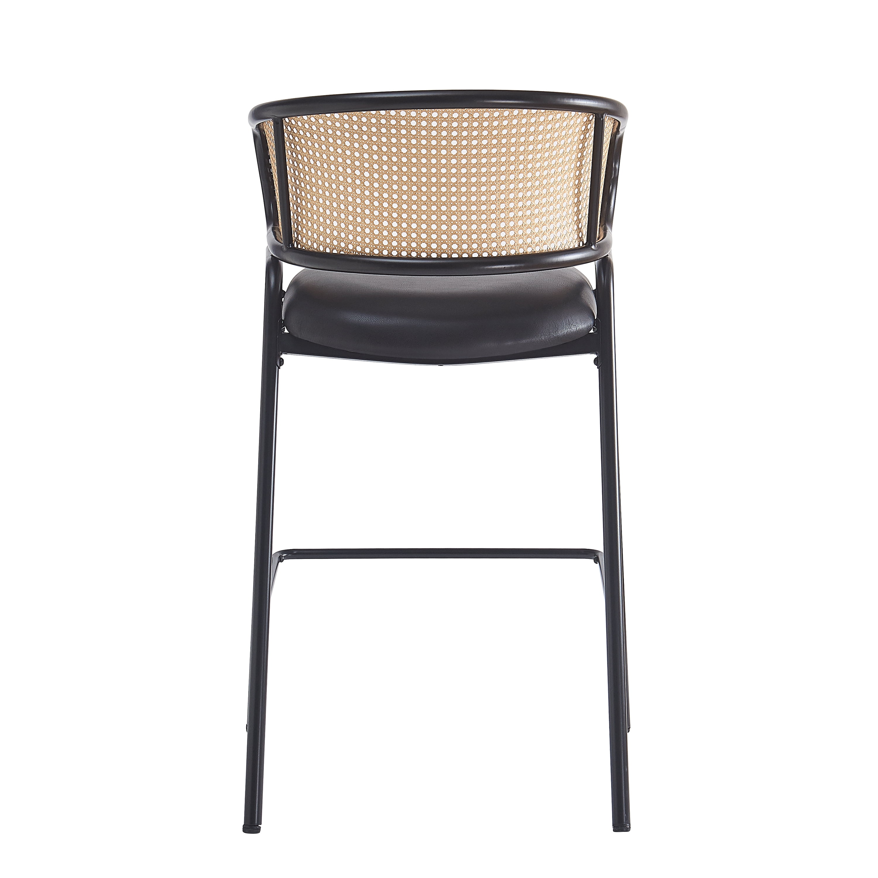 Indoor Metal Upholstered Barstool, Faux Leather Seat With Wowen Rattan Decorated Backrest, Set of 2