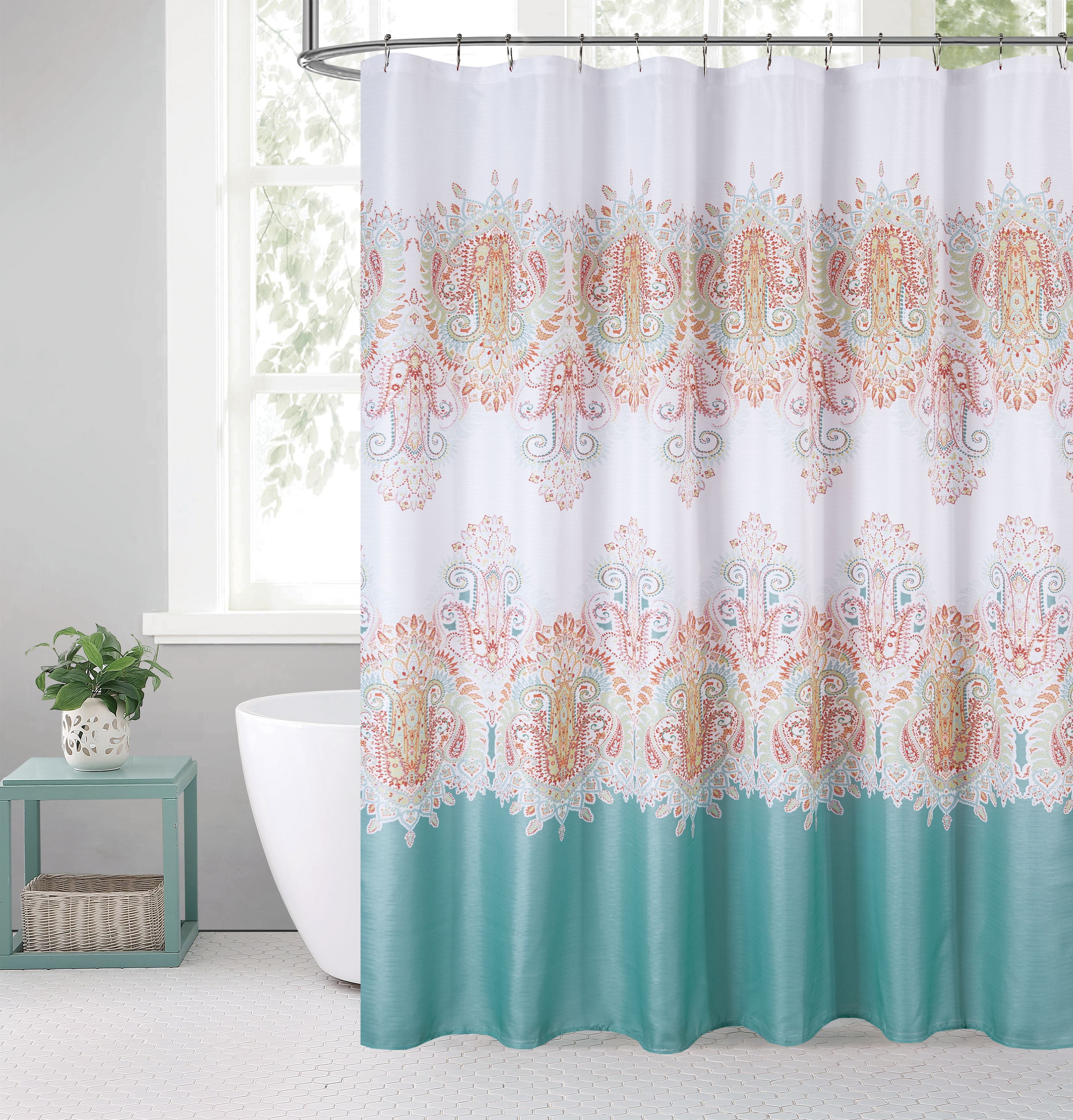 Fabric Shower Curtain for Bathroom Ivory with Coral and Slate Floral Design 72L 