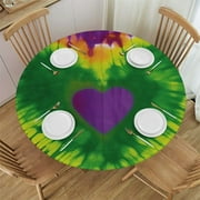 JEUXUS Purple Heart Tie Dye Round Tablecloth, Elastic Table Cover Fitted Round,Retro Colorful Boho Reusable Polyester for Kitchen Dinning Party Patio Home Outdoor Decor