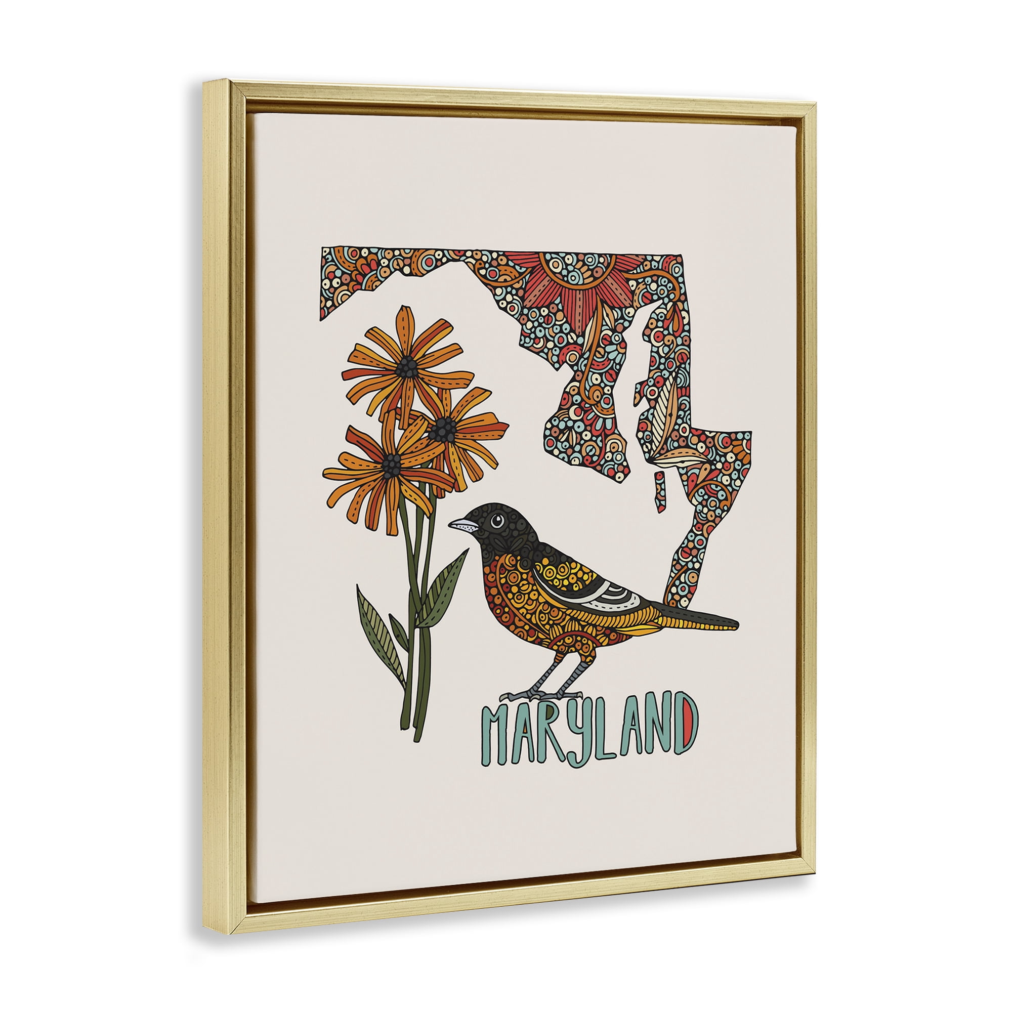 Stupell Industries Floral Maryland State Botanical & Floral Painting Gold Floater Framed Art Print Wall Art, 17 x 21