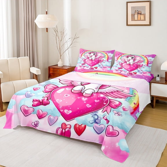 Homewish Cute Cartoon Unicorn Twin Sheet Sets,3D Loves Bowtie Twin Fitted Sheet,Fairy Tale Theme Flat Sheet For Girls Kids,Super Cozy Room Decor,3 Pieces