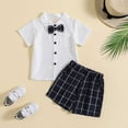 thumbnail image 2 of Otqutp 1-8 Years Toddler Boys Stretch Gentleman Suit Spring Summer Clothes Short Sleeved White Shirt with Bow Tie Plaid Shorts Performance Suit (White,3-4 Years), 2 of 9