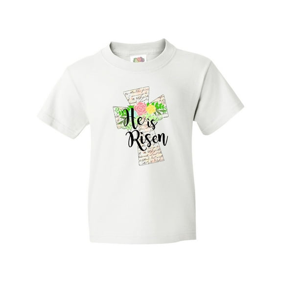 Inktastic He is Risen Cross with Script and Flowers Youth T-Shirt