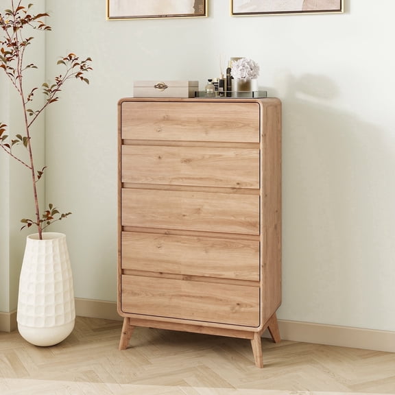 FIAKOA 50” Tall 5 Drawer Dresser for Bedroom,Farmhouse Storage Chest of Drawers for Livingroom , Oak