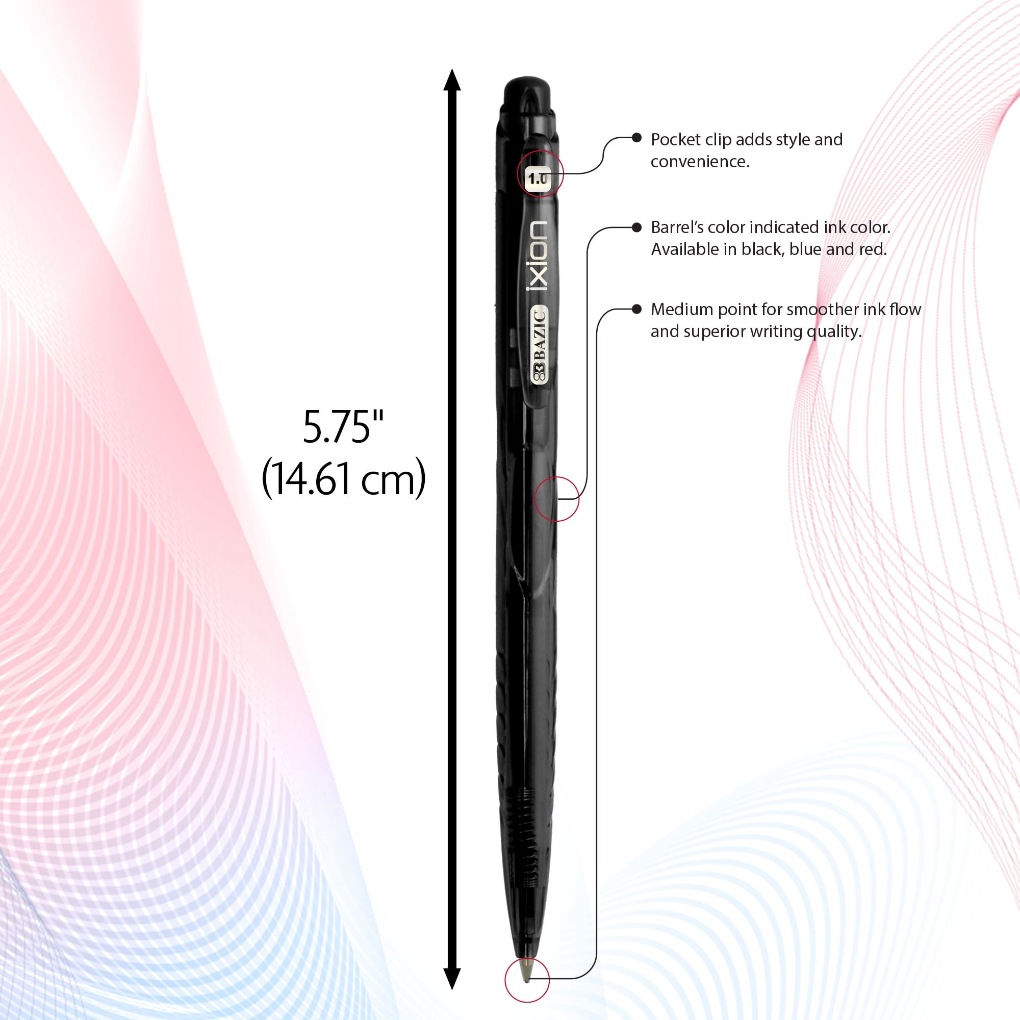 BAZIC Ixion Assorted Color Retractable Ballpoint Pens, 1.0mm (5/Pack), 24-Pack