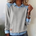 thumbnail image 2 of VISALY Women's Denim Collared Sweatshirt Patchwork Denim Pullover Tops Trendy Long Sleeve Shirts Henley Neck Button Up Tops Casual Lightweight Casual Fall Loose Sweatshirt Basic Tee Shirts Grey L, 2 of 7