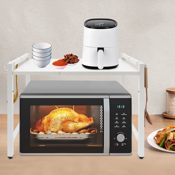 2-Tier Adjustable Microwave Stand Expandable Carbon Steel Shelf 30kg Load for Kitchen Bathroom