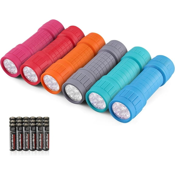 9-LED Flashlight 6-Pack Compact Handheld Torch Assorted Colors with Lanyard 3AAA Battery Included (Hurricane Supplies, Camping), Gift to Halloween, Christmas