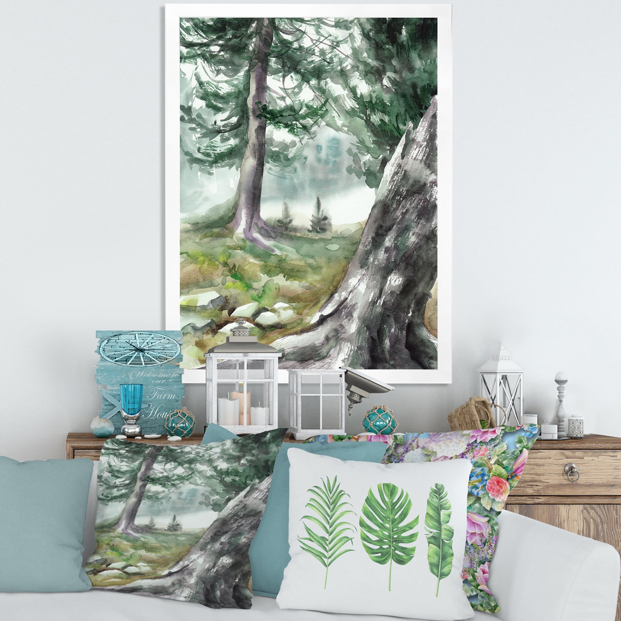 Designart 'Pine Forest In The Early Morning Glow' Lake House Framed Art Print