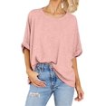 thumbnail image 2 of Silver Basic Cotton Blend Macaron Color T-Shirt Womens Top Casual Loose 3/4 Sleeve Sports Oversized Top 2XL,Pink-1, 2 of 2