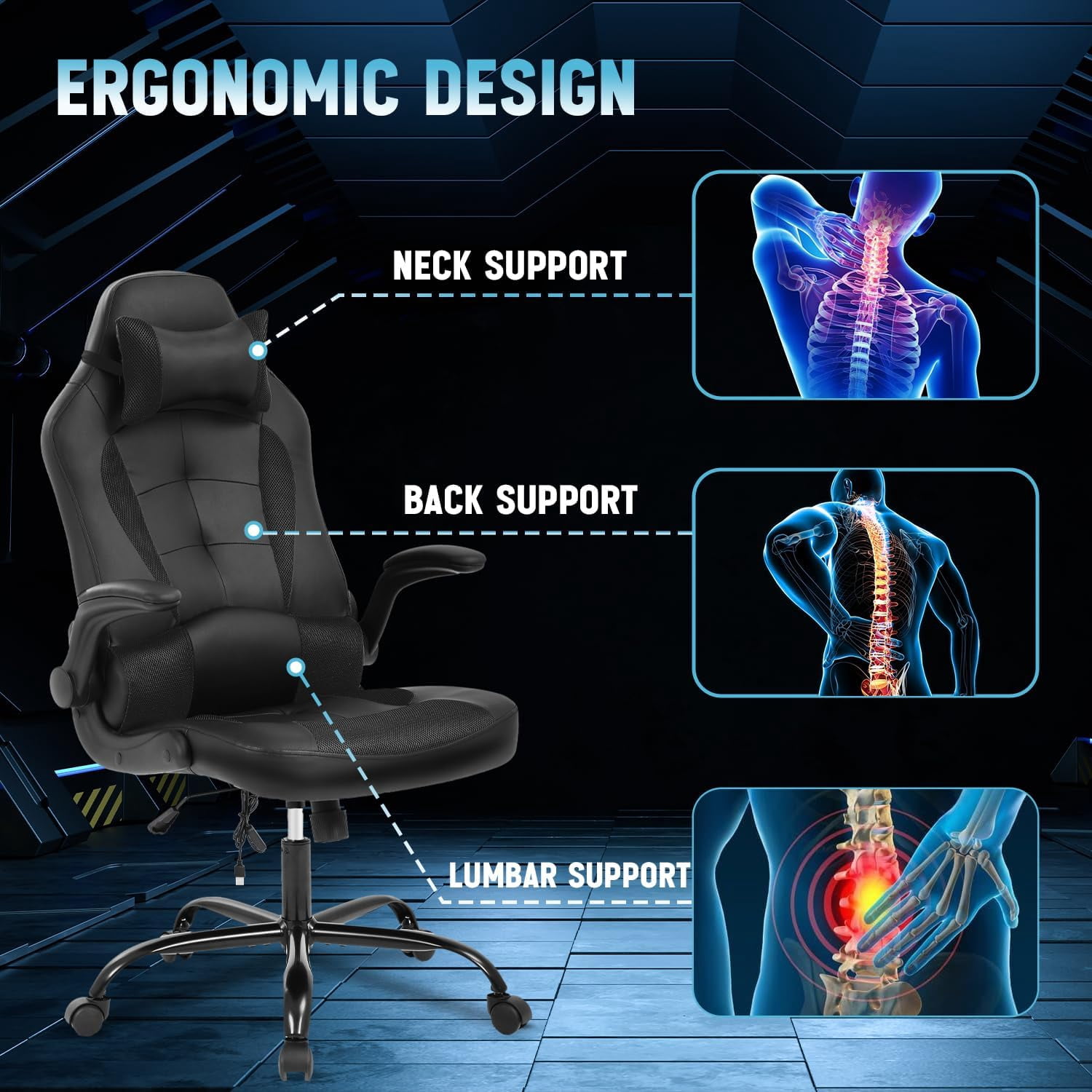 NiamVelo Massage Gaming Chair Video Gamer Chair PU Leather Computer Chairs Desk Chair w/Adjustable Headrest and Armrest,Ergonomic Office Chair High Back Racing Game Chair, 250lbs （Black）