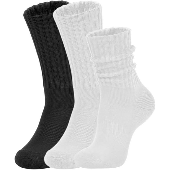 Kiibsot Women's Slouch Crew Socks Retro Solid Scrunch Boot Chunky Ribbed Cozy Cotton Calf Socks 3 Pack Size 5-10