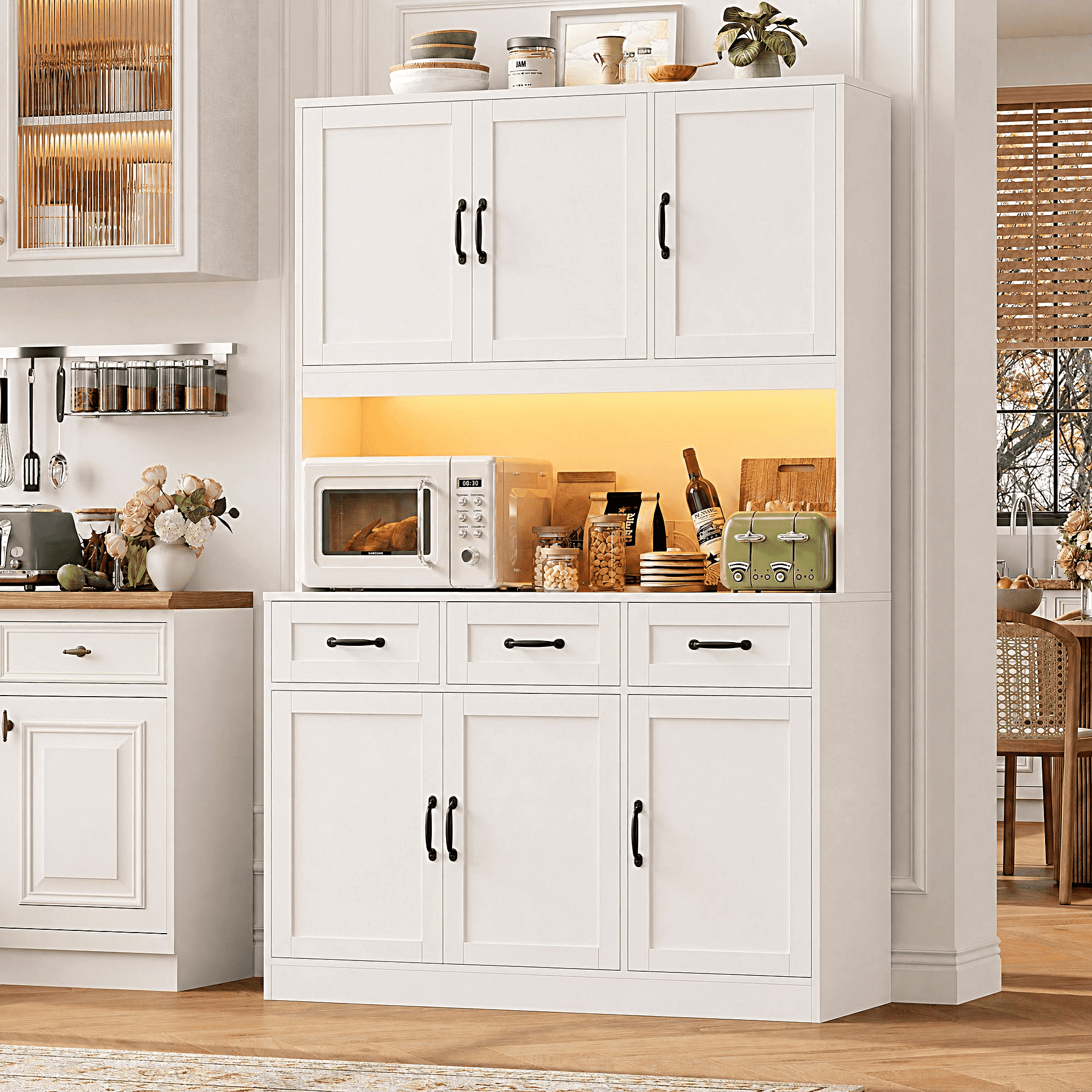 Hiphuta 72" Tall Kitchen Pantry Storgae Cabinet with RGB LED, Hutch Cabinet with Charging Station and Adjustable Shelves for Dining Room, White