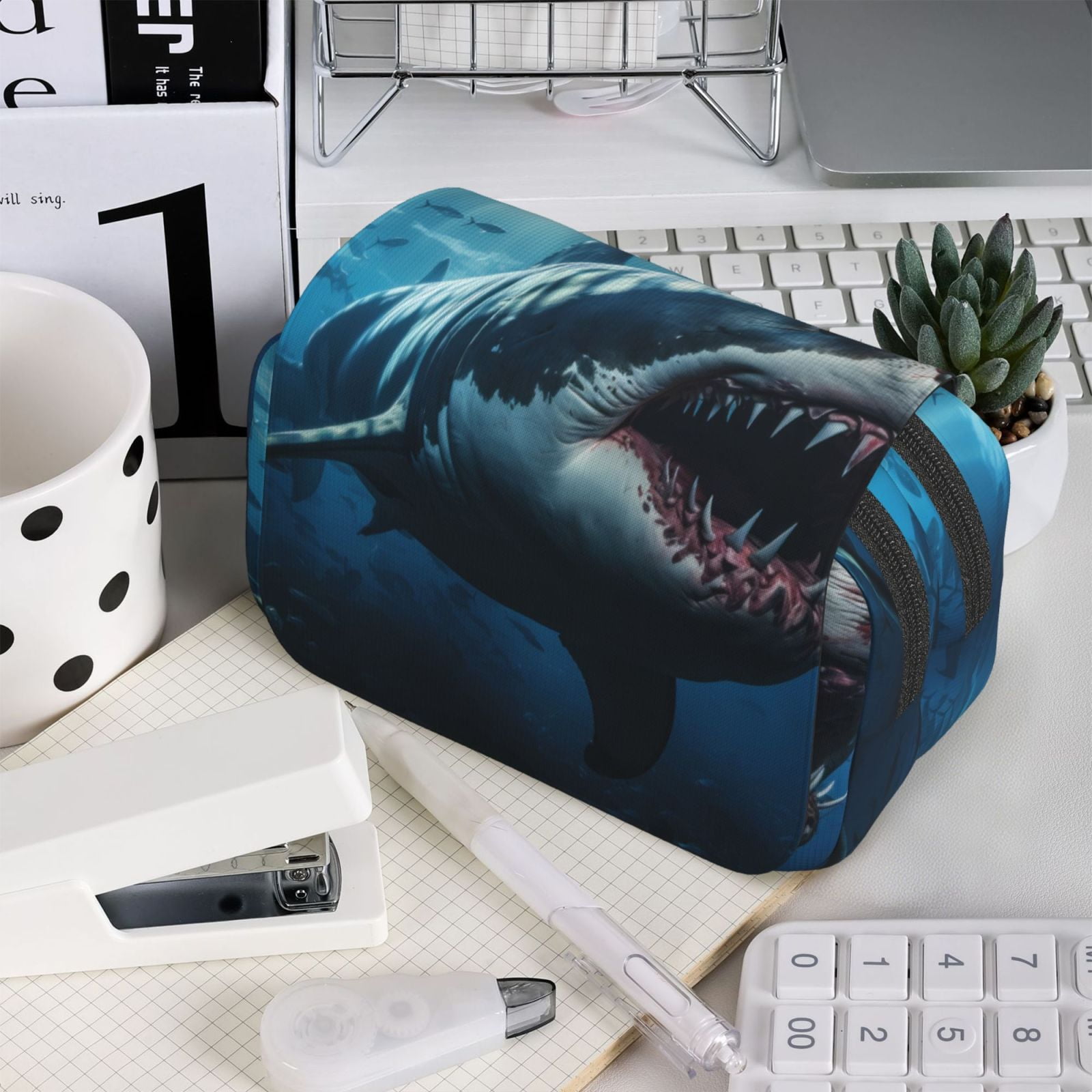 Rateoe 3D Realistic Shark Pattern Double Clamshell Pen Case, Storage Organizer with Two Zipper Compartments– Holds Up to 50 Pencils & Pens