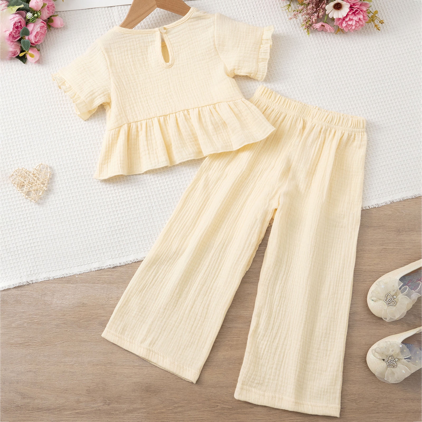 Faraee Toddler Girls Linen Outfit Ruffle Sleeve Shirt Wide Leg Pants Clothes Baby Girl Summer Beach 2 Piece Clothing Set 2t 3t 4t 5t 6t 7t Beige
