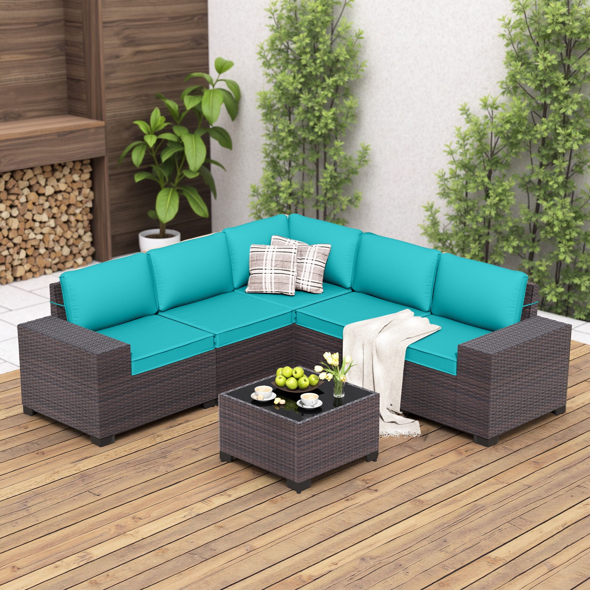 ALAULM 6 Pieces Patio Conversation Set, Outdoor Sectional PE Rattan Wicker Furniture Seat,Blue