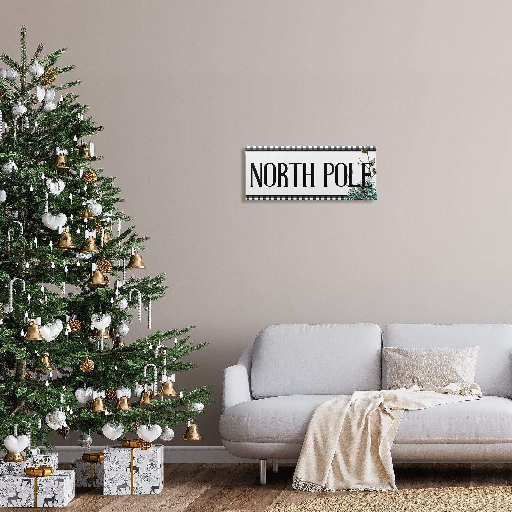 Stupell Industries North Pole Typography Black Plaid Winter Pinecone Foliage, 48 x 20,Design by Kim Allen