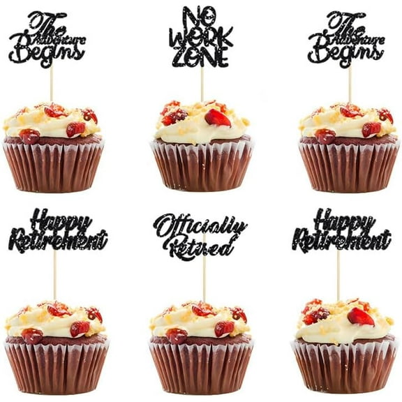 12pcs Happy Retirement Cupcake Toppers Black Glitter No Work Zone Officially Retired Adventure Begins Cupcake Picks for Retirement Theme Farewell Birthday Party Decorations Supplies