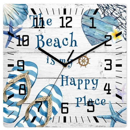 Wall Clock Summer Flip Flops Operated Square Clocks Wooden Silent Non-Ticking Wallclock 10 Inch The Beach Is My Happy Place Wood Wood Wall Clock for Living Room Bedroom Office Shool Home Decor