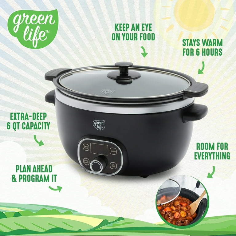 GreenLife Cook Duo Healthy Ceramic Nonstick Programmable 6 Quart  Family-Sized Slow Cooker, PFAS-Free, Removable Lid and Pot, Digital Timer,  Dishwasher Safe Parts, Pink