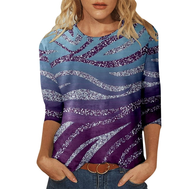 WEAIXIMIUNG T-Shirt Décontracté pour Femmes, Col Rond, Manches Trois-Quarts, Motif Dégradé, Printemps et Été