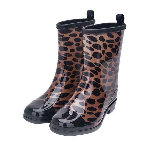 Xfvqtps Rain Boots for Women Mid Calf Flower Print Black Toe Cap Garden Shoes Waterproof Non Slip Rubber Sole Outdoor Work PVC Rain Shoes Brown