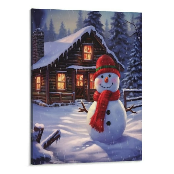 Creowell  Christmas Canvas Prints Wall Art,Snowy Scene Wall Hanging Picture for Holiday Decor,Painting Snow House Snowman 16x20 Inch