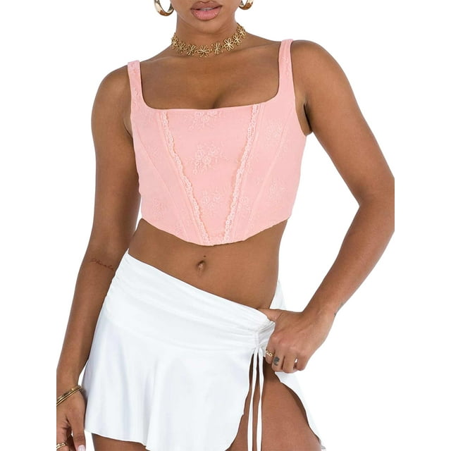 FOCUSNORM Débardeur Court pour Femmes Sans Manches Col Carré Couleur Unie Floral Décontracté de Rue Fête Été Printemps