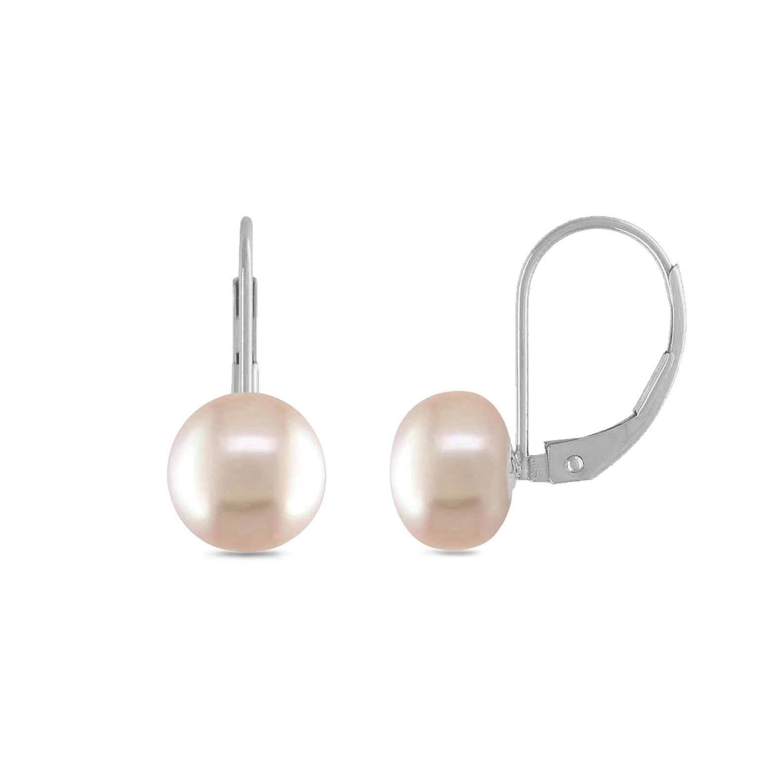 8mm Round Genuine Freshwater White Pearls Leverback Click in Earrings Set in Rhodium Plated 925 Sterling Silver Earrings Pearl Earrings