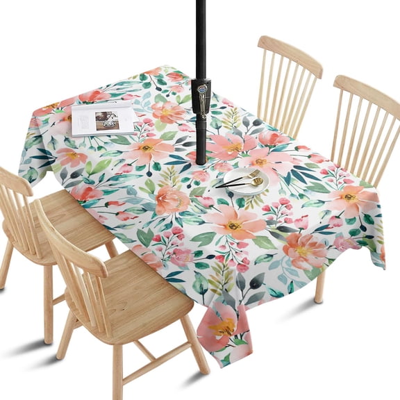 Outdoor Waterproof Tablecloth with Umbrella Hole and Zipper,Pioneer Colorful Floral Rectangle Reusable Durable Decor Table Cover for Party Picnic Patio 60×84 Inch