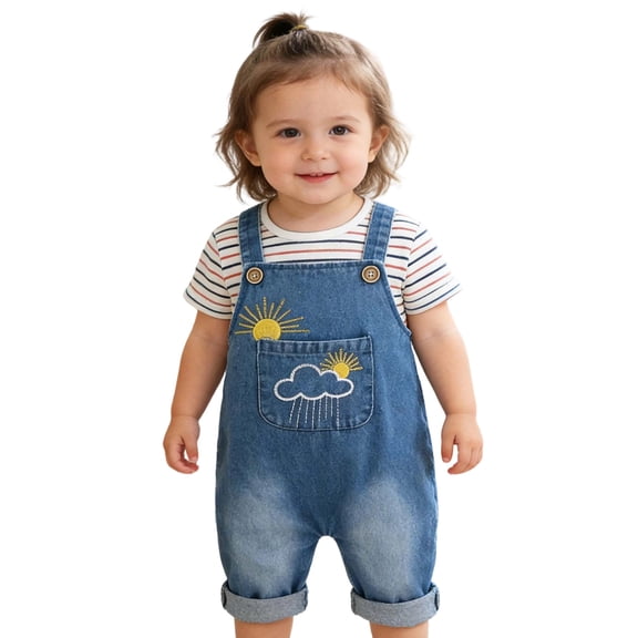 Bainana Baby Girls Summer Denim Romper Cartoon Print Sleeveless Suspender Overalls Jumpsuit Lightweight Leisure Baby Toddler Casual Dailywear Blue Size 9-12 Months