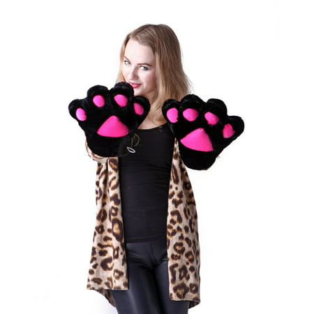 HDE Adult Halloween Costume Cosplay Cute Soft Kitty Cat Girl Paw Gloves (Black)