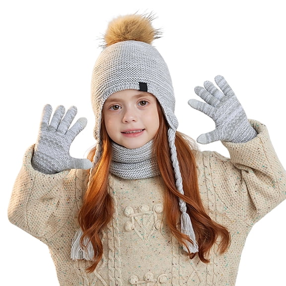Girls Winter Hat with Ear Flaps Gloves Scarf Set, Warm Lined Hat Gloves Knit Neck Warmer for 4-10 Years Boys and Girls