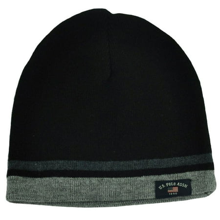 US Polo Assn Association Brand Reversible Black Striped Cuffless Knit Beanie Hat