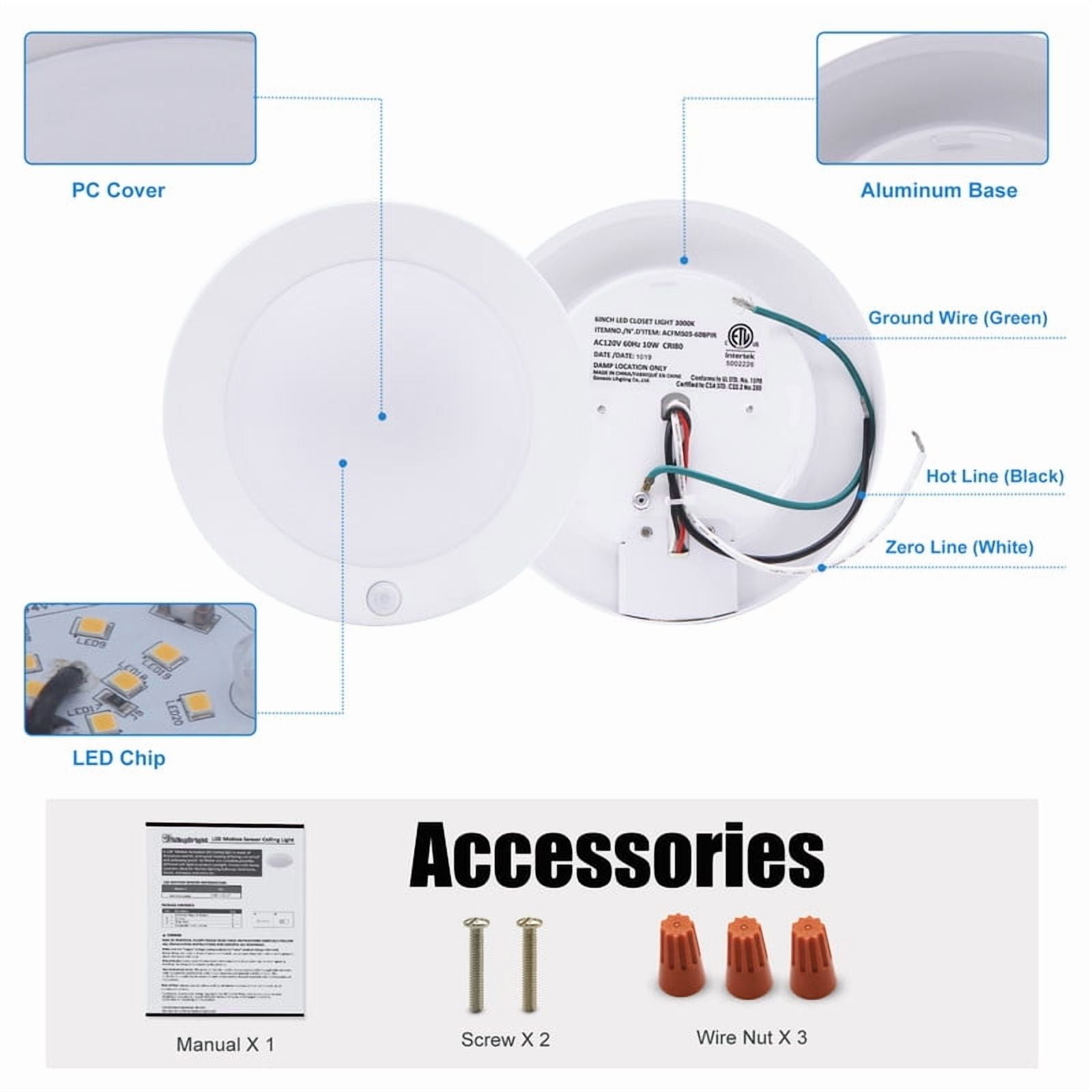 Lucere LED Motion Sensor Flush Mount Ceiling Lighting Fixture, 6.5 inch 120V LED Closet Motion Sensor Light, 3000K Round Lighting Fixture for Stairs Closet Rooms Porches Basements Hallways Pantries
