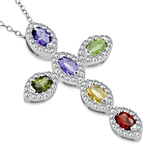 925 Sterling Silver Multicolor CZ Religious Latin Cross Large Statement Pendant Necklace, 18"