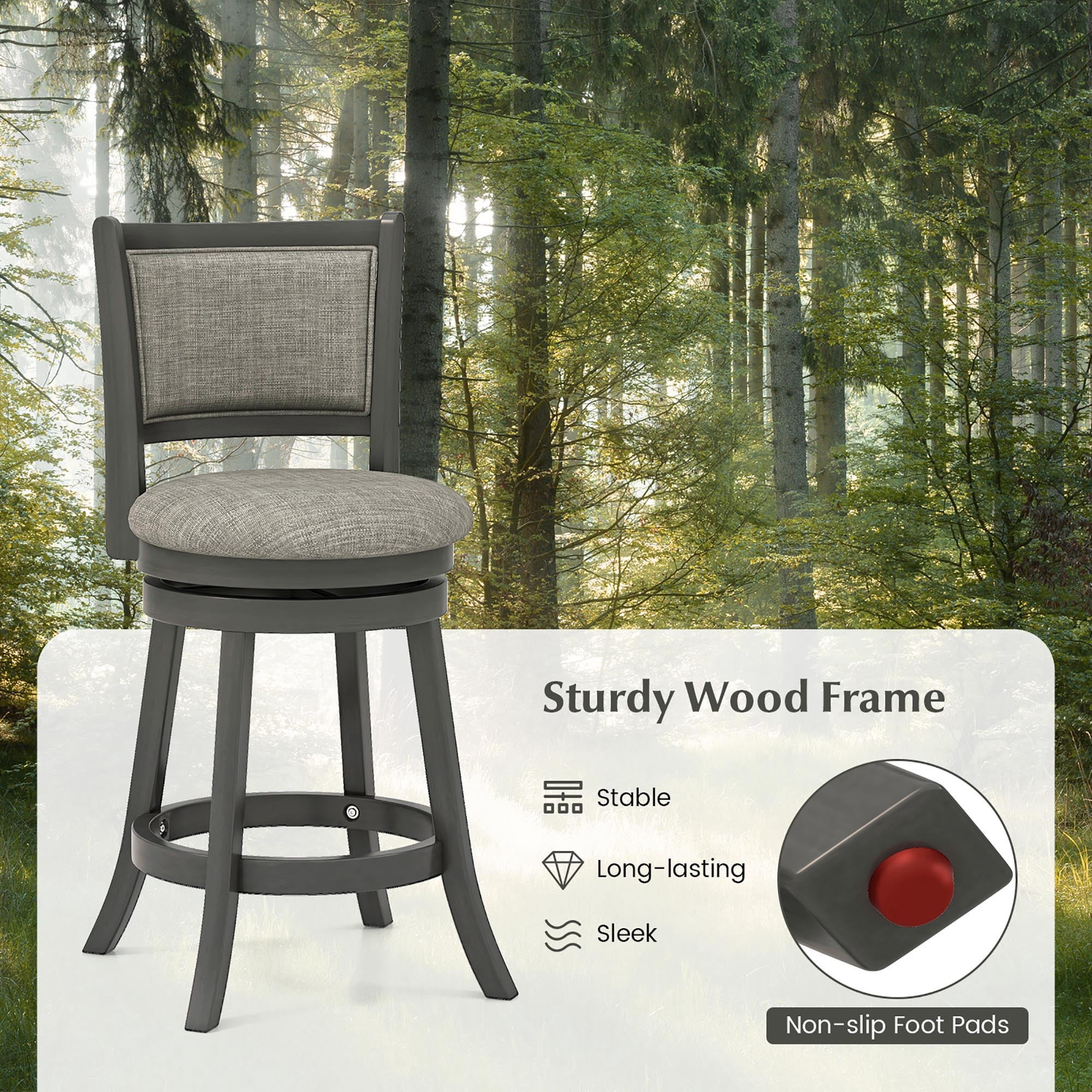 Gymax Swivel Bar Stools Set of 4 w/ Soft-padded Back & Seat Sturdy Wooden Frame
