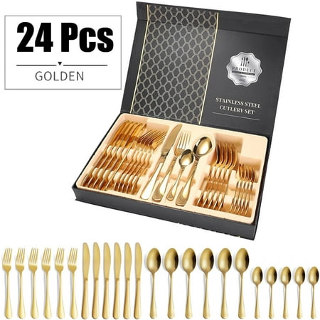 

TOPCHANCES Flatware Set 24-Piece Stainless Steel Flatware Set with Premium Gift box Include Knife/Fork/Spoon/Teaspoon Service for 6 Mirror Finish Smooth Edge Dishwasher Safe Golden
