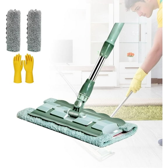 Queensfinders Mop, Flat Mop with Stainless Steel Handle, Stainless Steel Microfibre Mops, Long Handle Mops for Floor Cleaning with Scraper (A)
