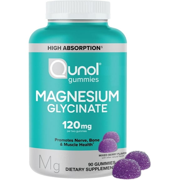 Qunol 120mg Magnesium Glycinate Gummies, High Absorption, Mixed Berry, 90 Count