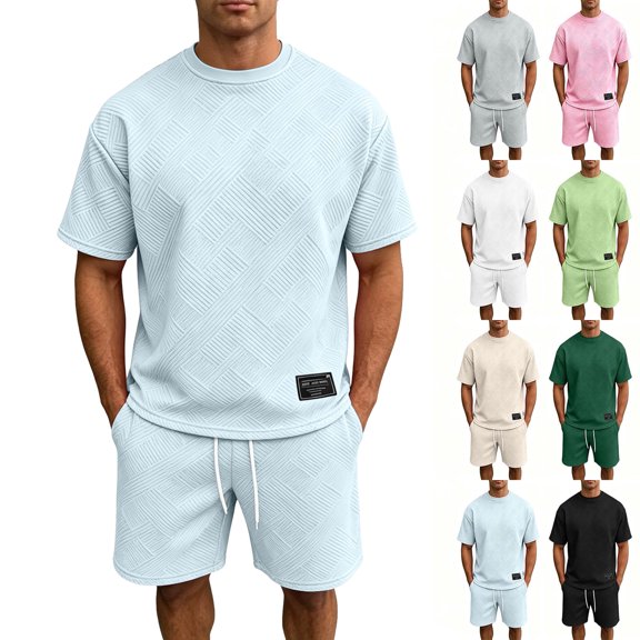 2 Piece Short Set for Men Men's Solid Color T-Shirt Short Sleeve And Drawstring Elastic Waist Shorts Casual Set Suit Light Blue L